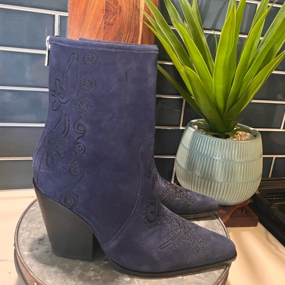 Rebel | Avery Blue Suede Embroidered Ankle Snip Toe Boots - Picture 8 of 10